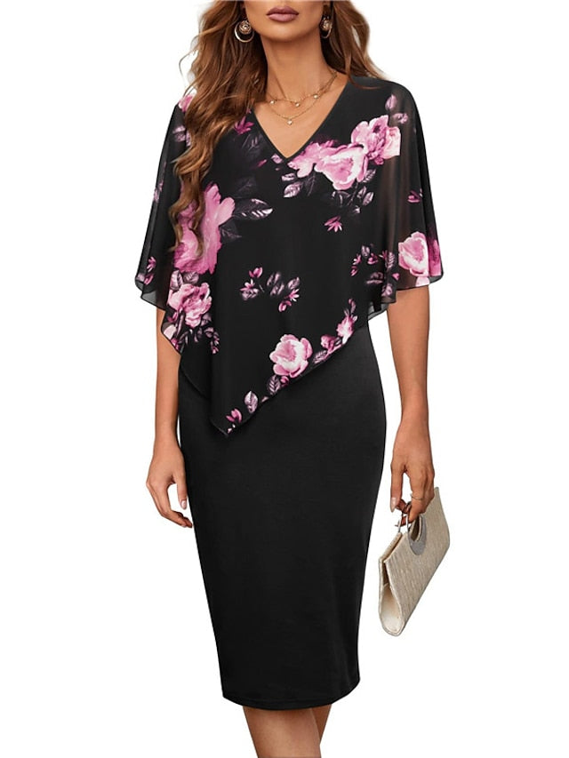 Women's Work Dress Sheath Dress Church Dress Midi Dress Black Pink Wine Half Sleeve Floral Fake two piece Summer Spring V Neck Elegant Office Wedding Guest Summer Dress 2023 S M L XL XXL - LuckyFash™