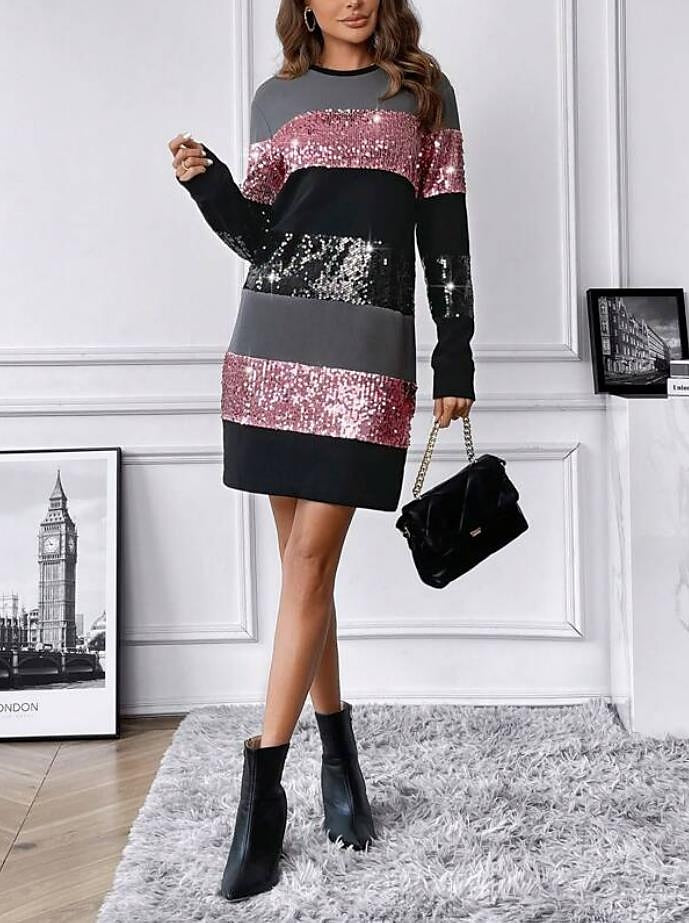 Women's Sequin Dress Party Dress Cocktail Dress Sequins Patchwork Crew Neck Long Sleeve Striped Mini Dress Vacation Formal Pink Gold Spring Winter