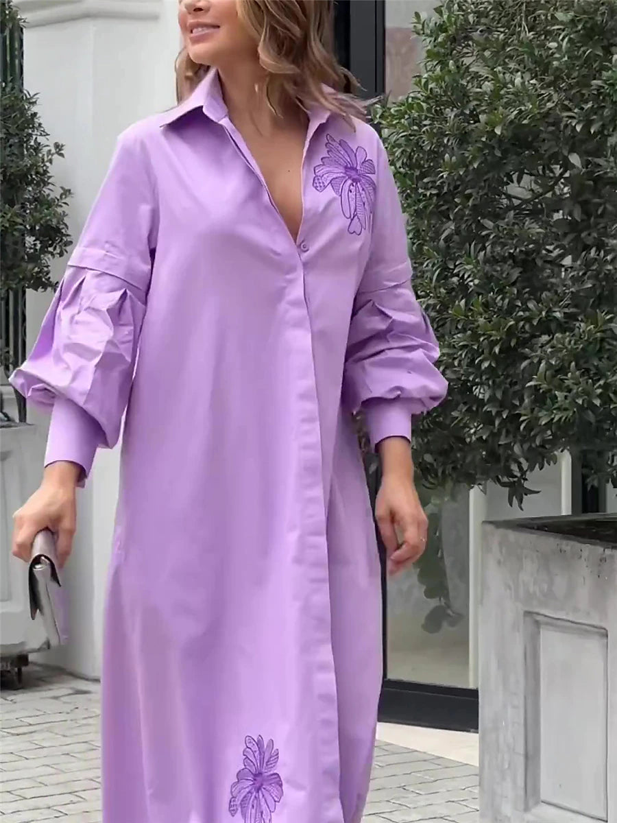 Women's Shirt Dress Casual Dress Shift Dress Maxi long Dress Outdoor Office Daily Cotton Fashion Modern Shirt Collar Button Pocket 3/4 Length Sleeve Summer Spring Fall 2023 Loose Fit Purple Floral S