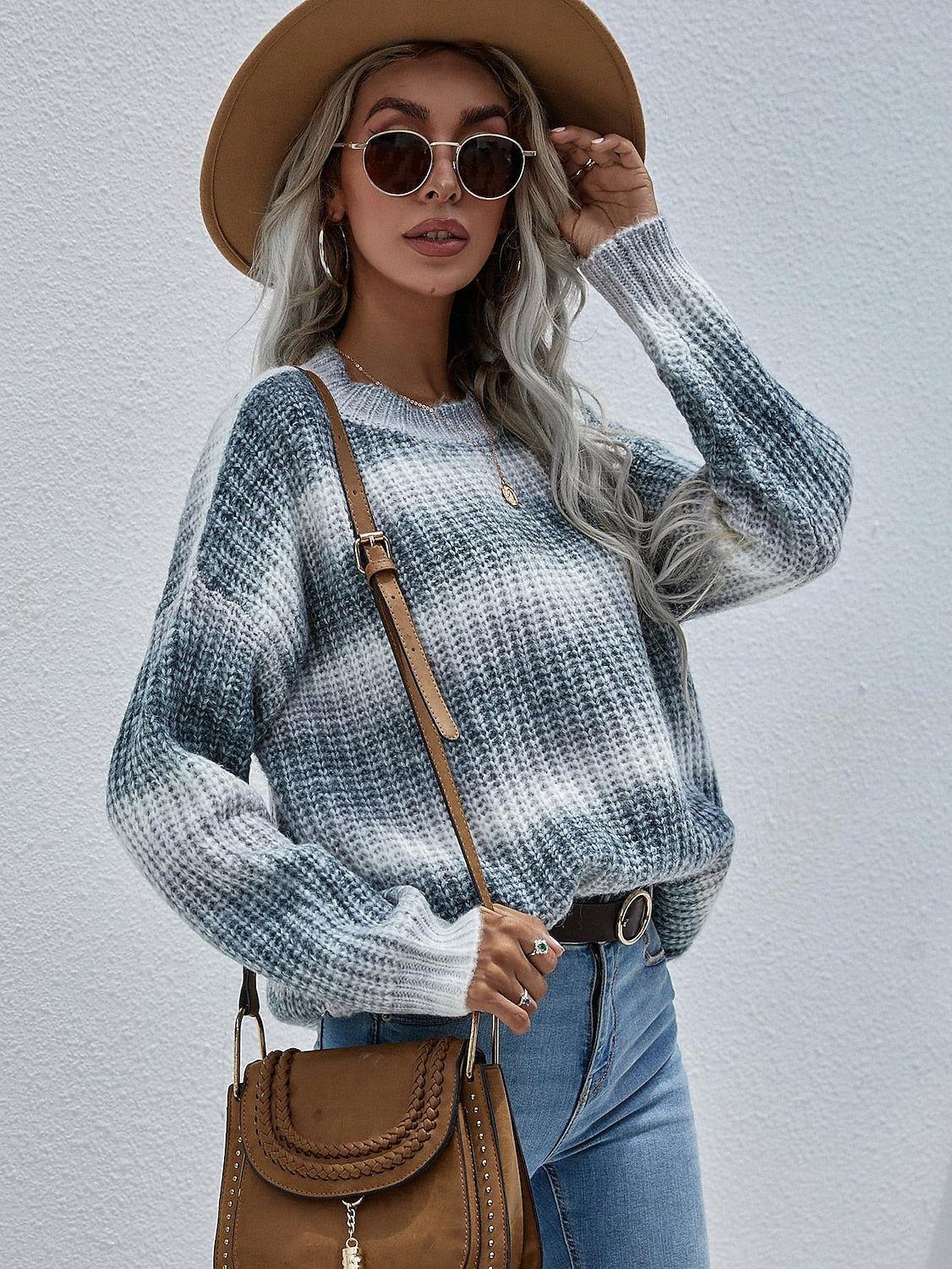 Women's Pullover Sweater Jumper Pullover Jumper Crew Neck Chunky Knit Nylon Acrylic Knitted Drop Shoulder Fall Winter Daily Holiday Going out Stylish Casual Long Sleeve Color Block Rainbow Purple