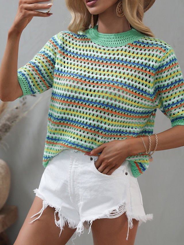 Women's Pullover Sweater jumper Jumper Crochet Knit Knitted Hole Rainbow Crew Neck Stylish Casual Outdoor Home Spring Summer Green Blue S M L / Striped / Regular Fit - LuckyFash™