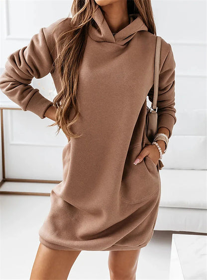 Women‘s Hoodie Dress Winter Dress Knee Length Dress Black khaki Brown Long Sleeve Fall Solid Color Patchwork Winter Casual Loose S M L XL XXL XXXL