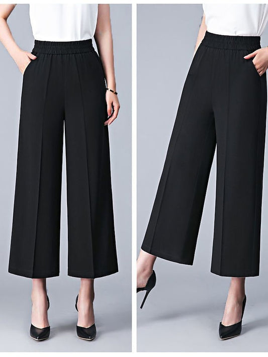 Women‘s Wide Leg Dress Work Pants Trousers Baggy Full Length Pocket Micro-elastic High Rise Streetwear Casual Street Black White XL 2XL Summer Spring