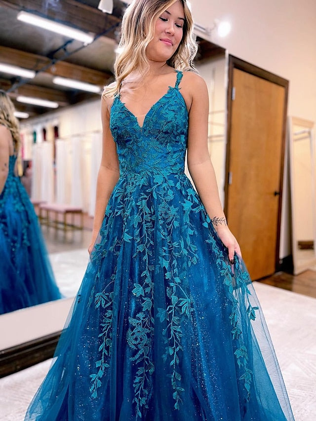 Ball Gown A-Line Prom Dresses Sparkle & Shine Dress Formal Floor Length Sleeveless V Neck Tulle Backless with Glitter Appliques 2023 - LuckyFash™