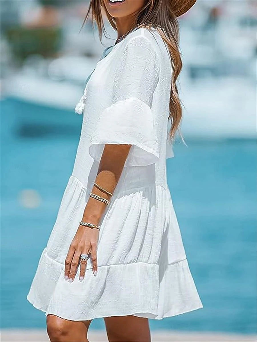 Women's White Dress Casual Dress Summer Dress Mini Dress Ruffle Vacation Beach Basic Crew Neck Half Sleeve White Color