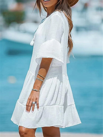 Women's White Dress Casual Dress Summer Dress Mini Dress Ruffle Vacation Beach Basic Crew Neck Half Sleeve White Color