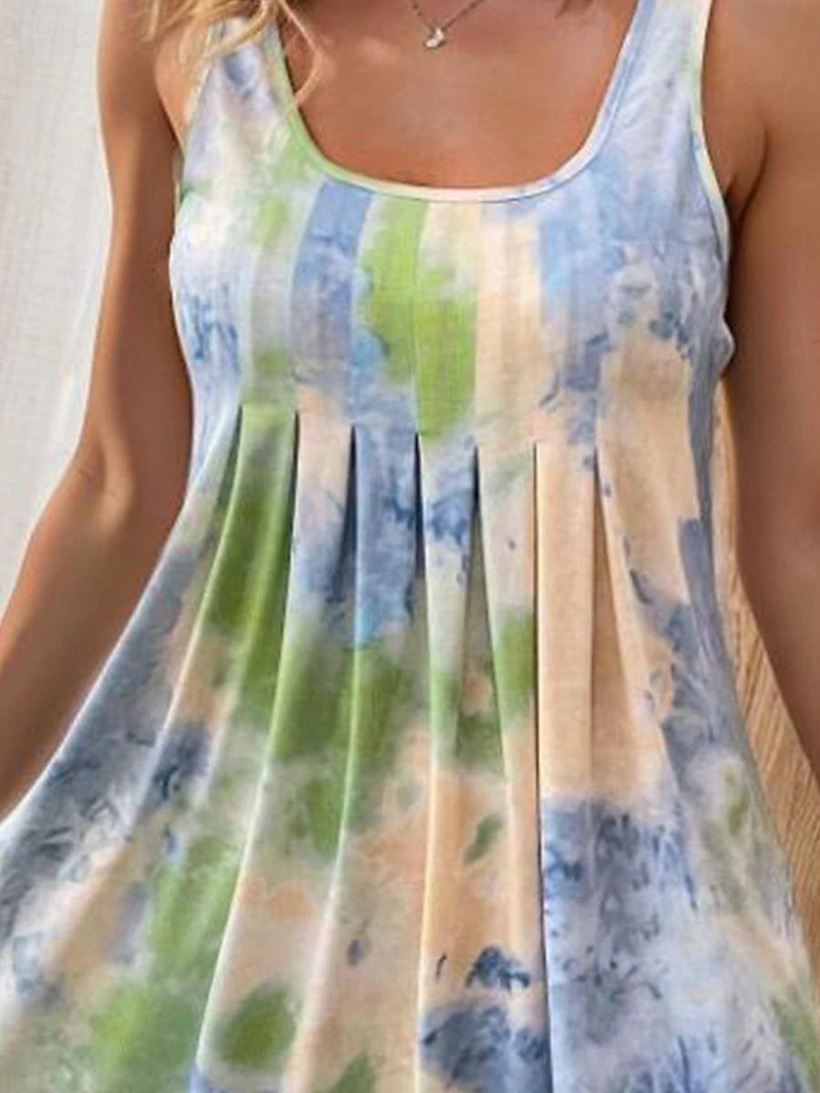 Women's Tank Dress Tie Dye Shift Dress Pleated U Neck Mini Dress Stylish Vacation Beach Sleeveless Summer