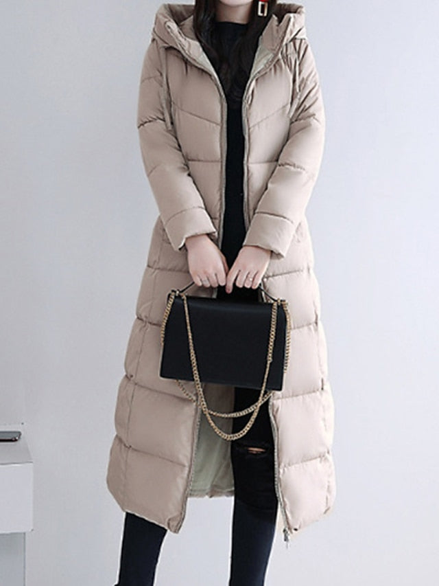 Women's Puffer Jacket Hoodie Jacket Street Daily Valentine's Day Winter Fall Long Coat Regular Fit Warm Breathable Casual Jacket Long Sleeve Solid Color Full Zip Black Dusty Rose Khaki / Going out - LuckyFash™