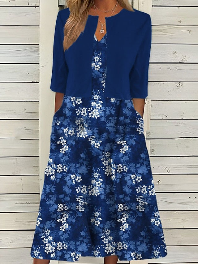 Women's Two Piece Dress Set Casual Dress Shift Dress Outdoor Daily Fashion Streetwear Pocket Print Midi Dress V Neck 3/4 Length Sleeve Floral Loose Fit Pink Royal Blue Blue Summer Spring S M L XL XXL - LuckyFash™