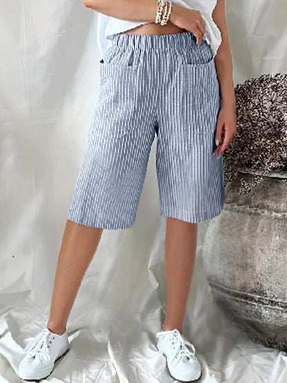 Women's Shorts Linen Cotton Blend Striped Black Yellow Casual Daily Knee Length Going out Weekend Summer