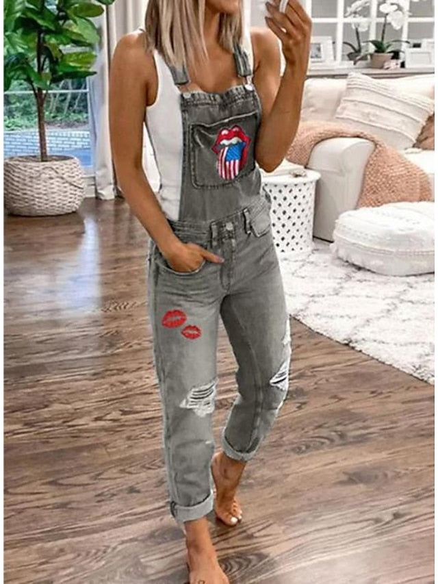 Women's Overall Pocket Ripped National Flag Active Daily Holiday Regular Fit Sleeveless Light color Grey S M L Fall - LuckyFash™