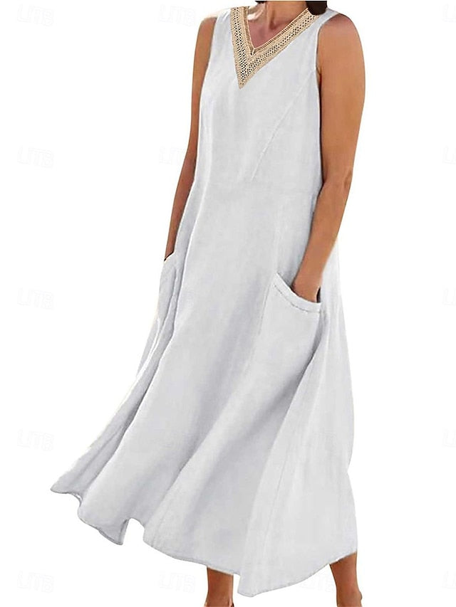 Women's White Dress Cotton Linen Dress Swing Dress Maxi long Dress Pocket Basic Daily V Neck Sleeveless Summer Spring Black White Plain