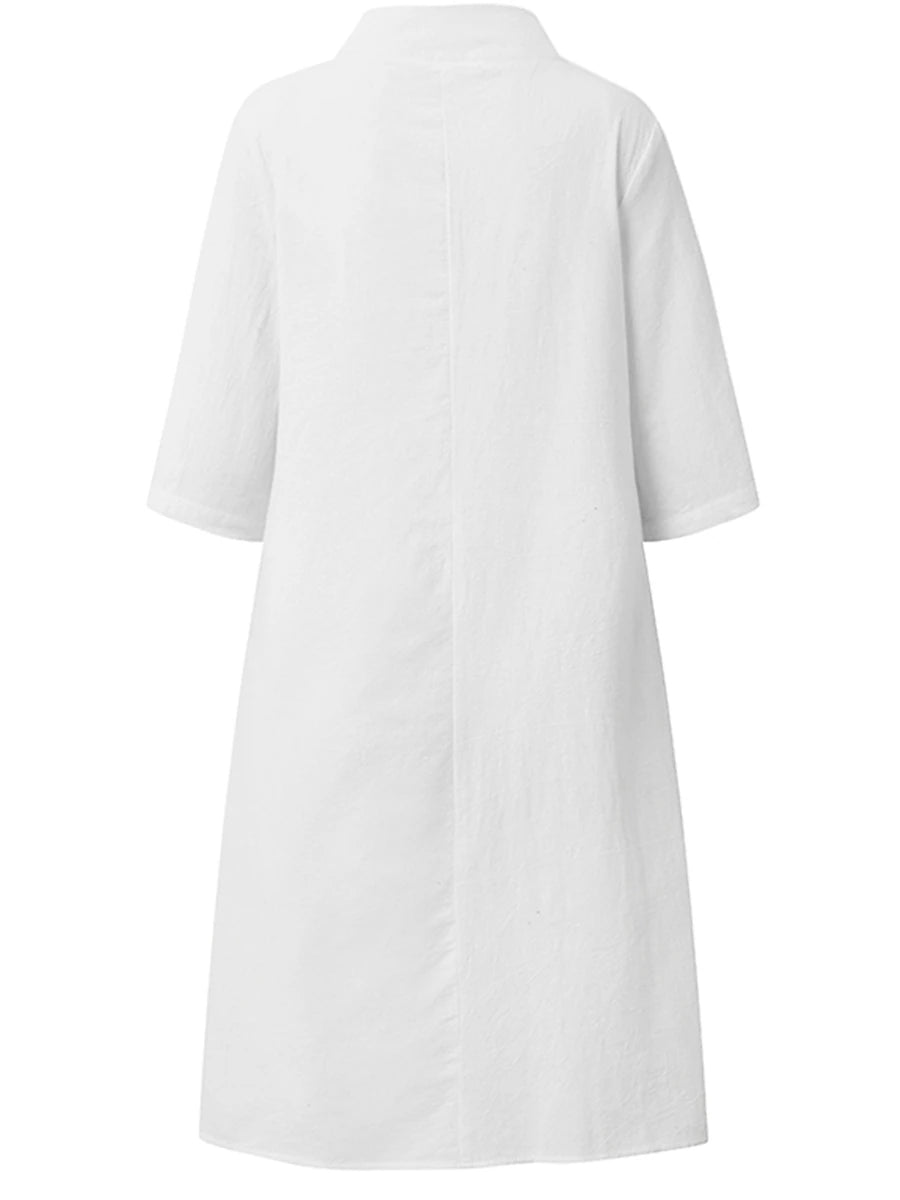 Women‘s Cotton Linen Dress Shirt Dress Casual Dress Shift Dress Midi Dress Cotton Blend Fashion Basic Outdoor Daily Vacation Stand Collar Button Half Sleeve Summer Spring 2023 Black White Blue Plain