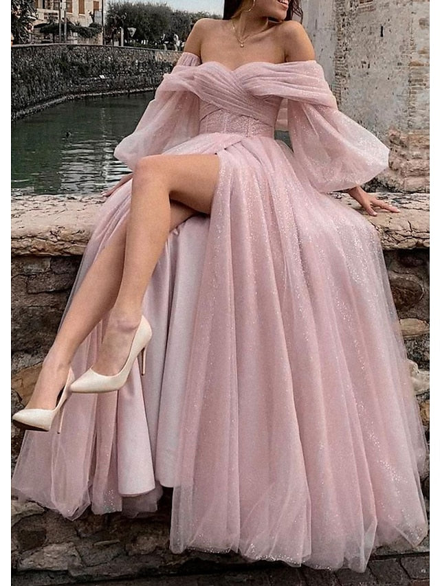 A-Line Prom Dresses Corsets Dress Formal Floor Length Long Sleeve Off Shoulder Tulle with Glitter Ruched Slit 2023 - LuckyFash™