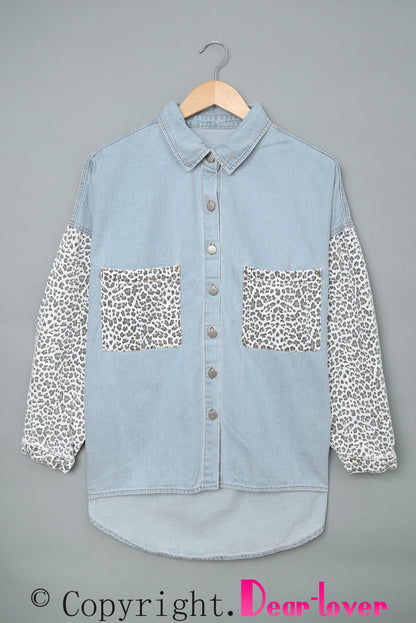 Sky Blue Contrast Leopard Denim Jacket