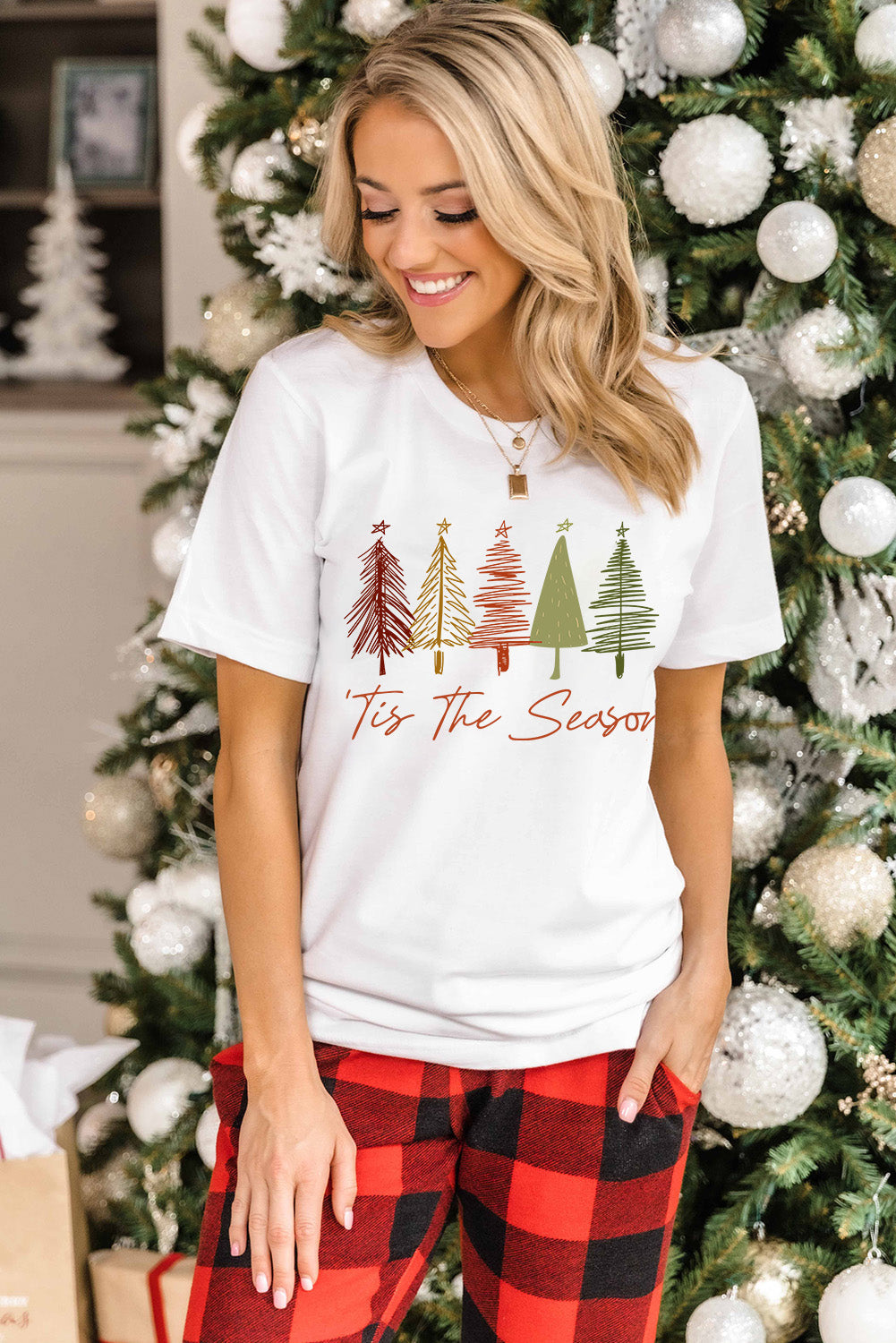 White Cute Christmas Trees Print Crew Neck T Shirt