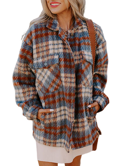 Cinnamon Plaid Print Chest Pockets Turn Down Collar Shacket