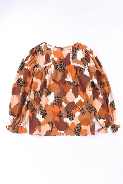 Abstract Leopard Print Puffy Sleeve Blouse