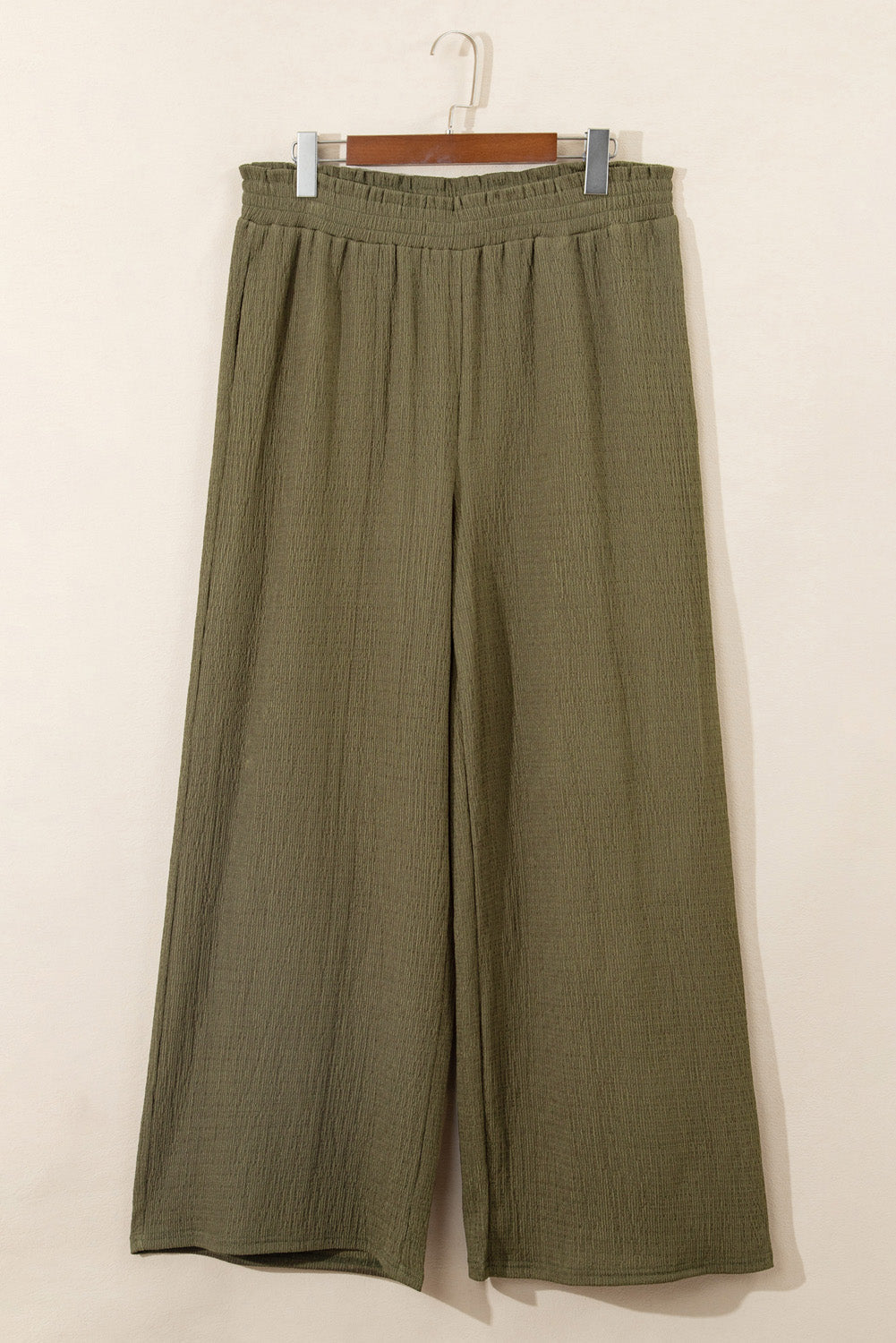 Jungle Green Plus Size Textured Shirred High Waist Casual Pants