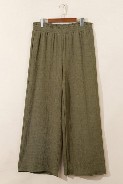 Jungle Green Plus Size Textured Shirred High Waist Casual Pants