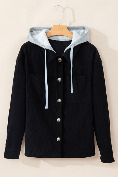 Black Hooded Drawstring Pockets Corduroy Shacket