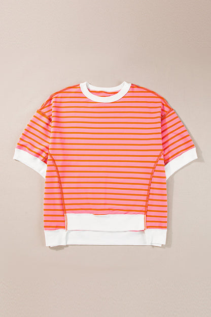 Multicolour Oversized Contrast Trim Exposed Seam High Low T Shirt