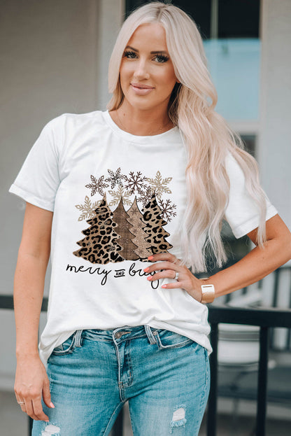 White Leopard Christmas Tree Graphic Crew Neck T Shirt