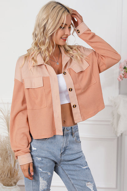 Orange Textured Waffle Knit Chest Pockets Cropped Shacket