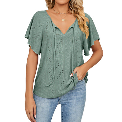 T-Shirts - Solid Color V Neck Tie Loose Short Sleeve T-Shirt - MsDressly