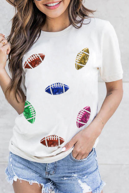 White Sequin Rugby Football Pattern Crewneck T Shirt