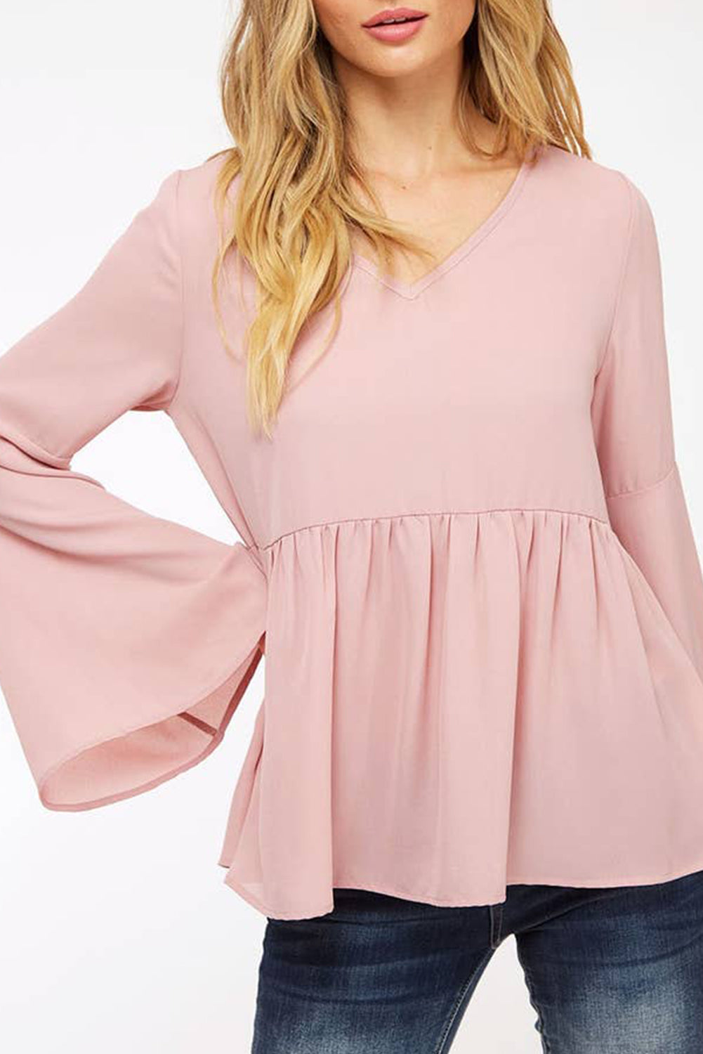 Pink V-Neck Bell Sleeve Back-Tie Ruffled Blouse