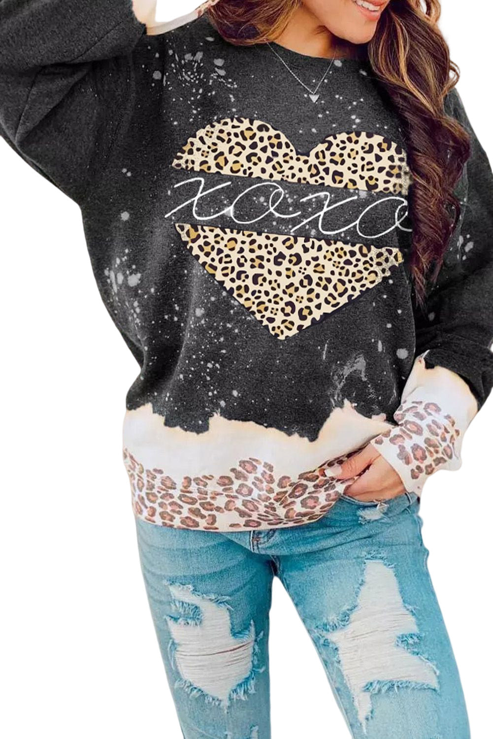 Black XOXO Heart Leopard Splicing Pullover Sweatshirt