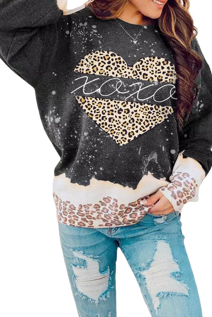 Black XOXO Heart Leopard Splicing Pullover Sweatshirt