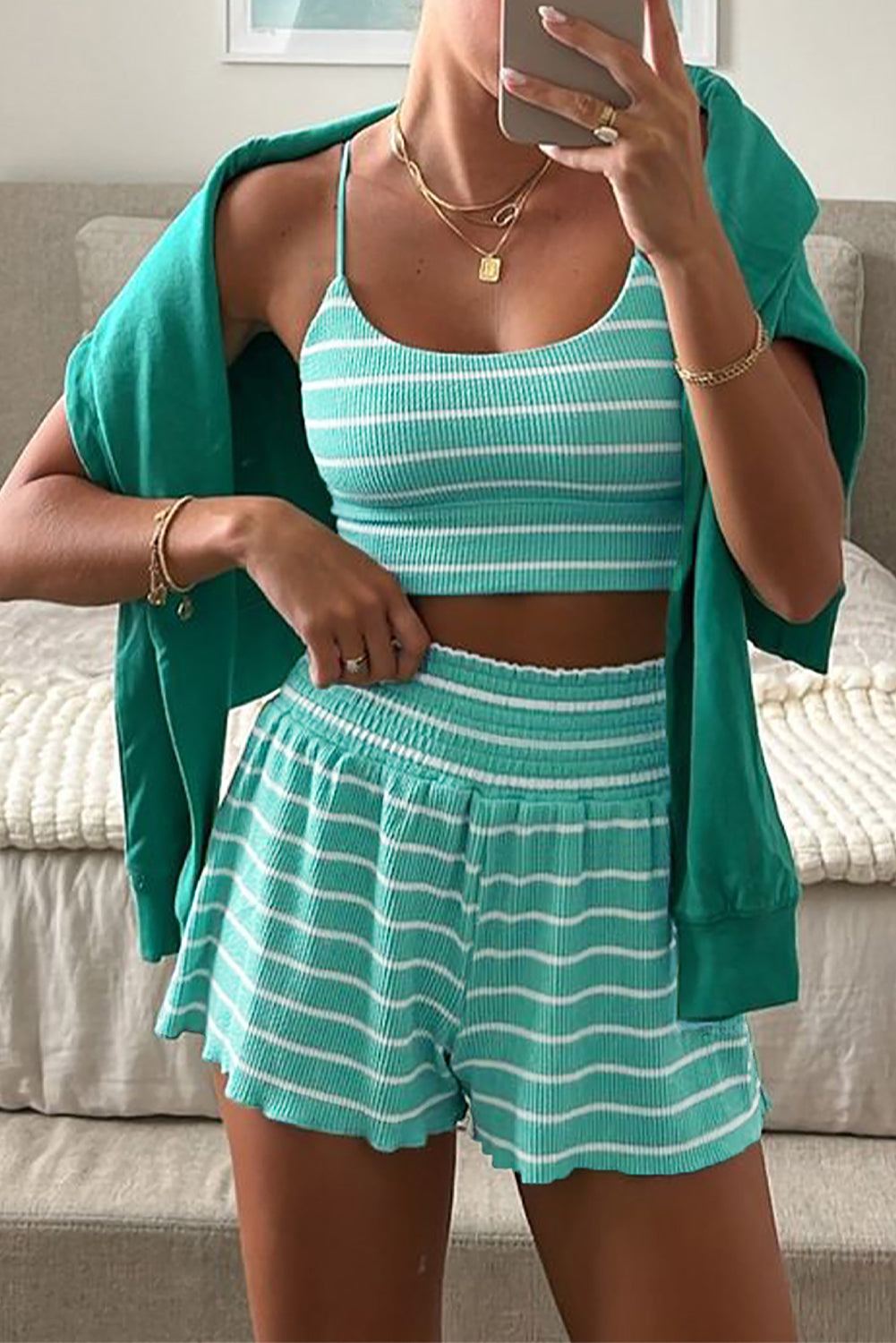 Green Stripe U Neck Crop Cami Top and Shorts Outfit