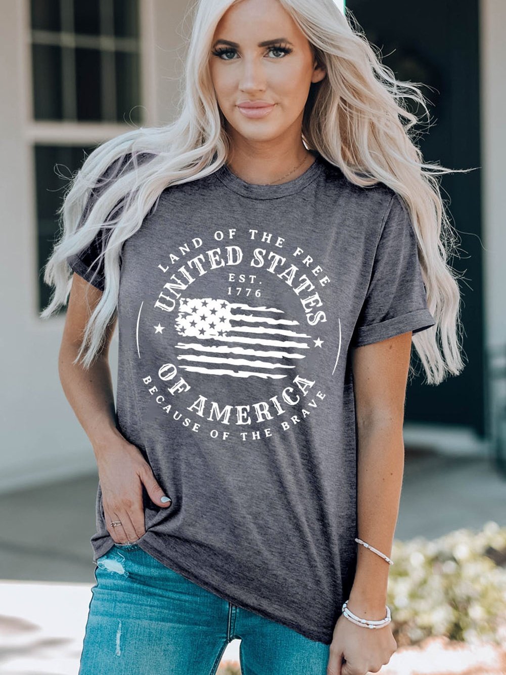 American Flag Print Gray Graphic Tee - Patriotic Short Sleeve T-Shirt