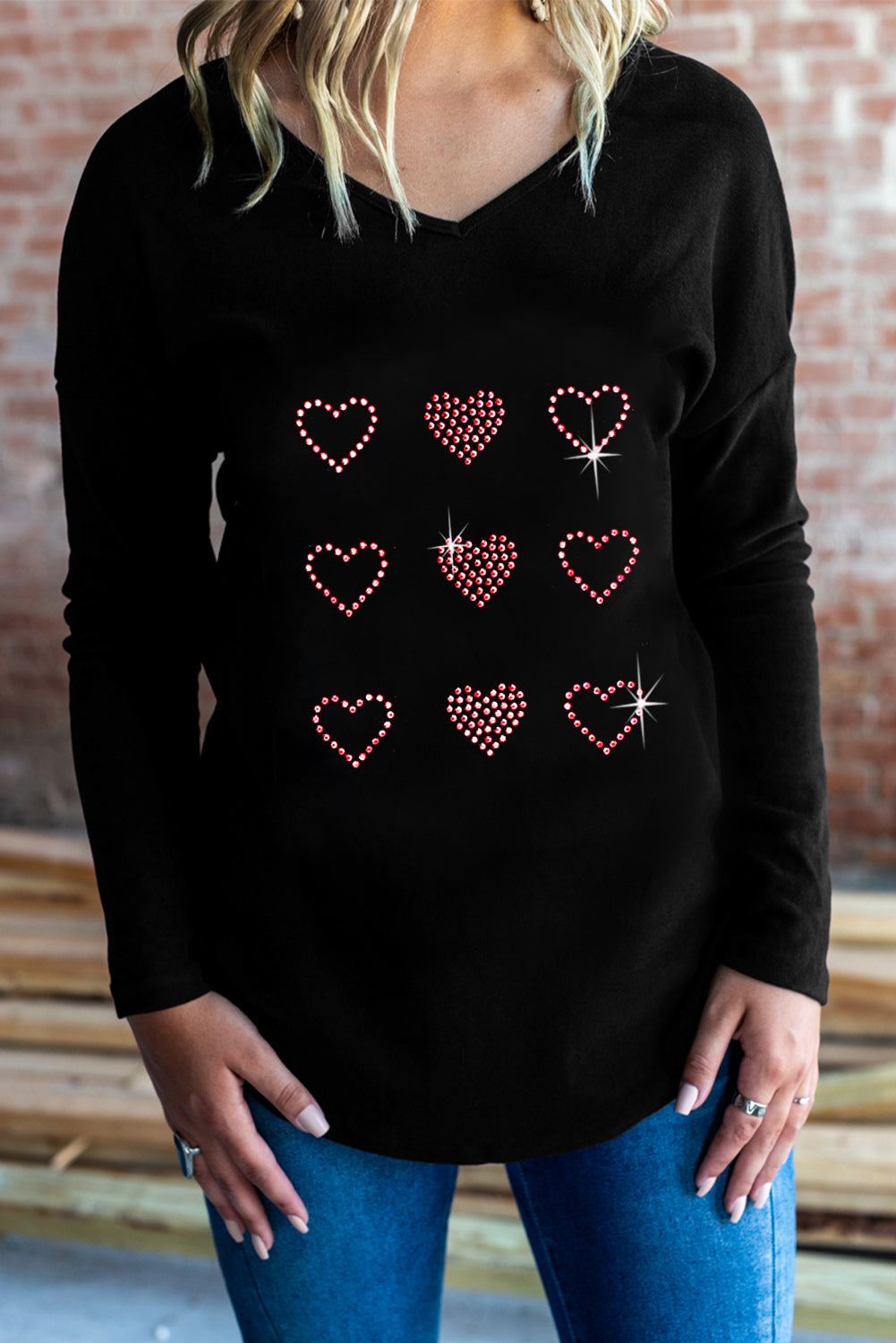 Black Valentines Day Rhinestone Heart Graphic Long Sleeve Tee