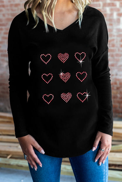 Black Valentines Day Rhinestone Heart Graphic Long Sleeve Tee