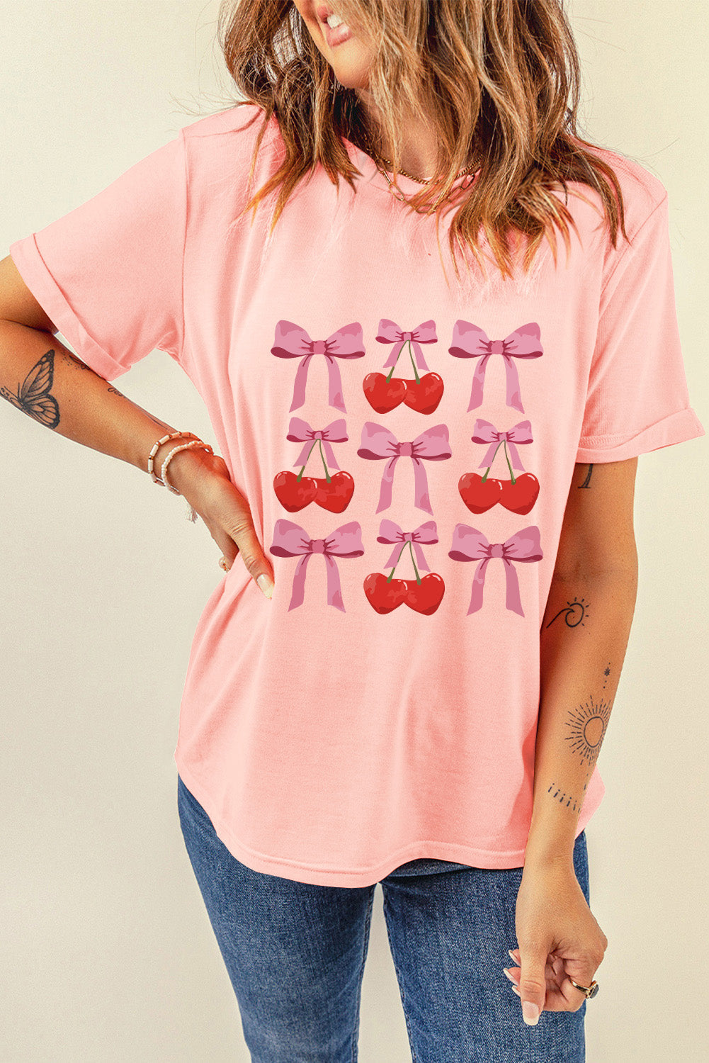 Pink Bow Cherry Print Crew Neck Casual T Shirt