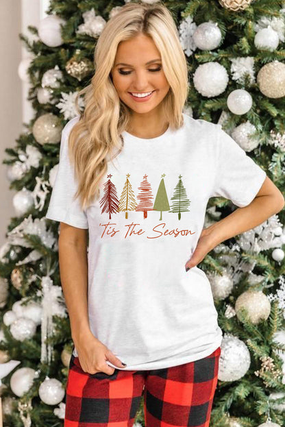 White Cute Christmas Trees Print Crew Neck T Shirt