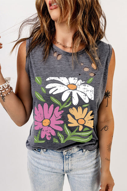 Gray Floral Printed Ripped Crewneck Tank Top