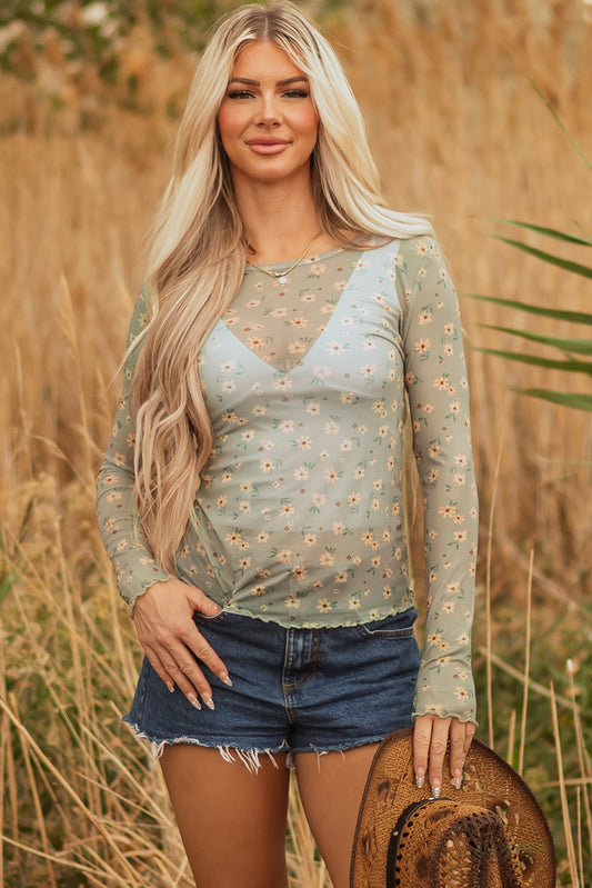 floral mesh long sleeve top