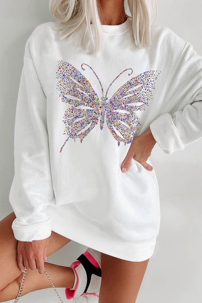 White Rhinestone Butterfly Graphic Crewneck Oversized Sweatshirt