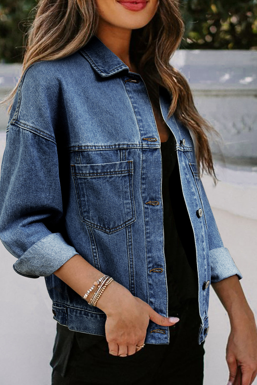 Dark Blue Washed Oversize Pocketed Denim Jacket