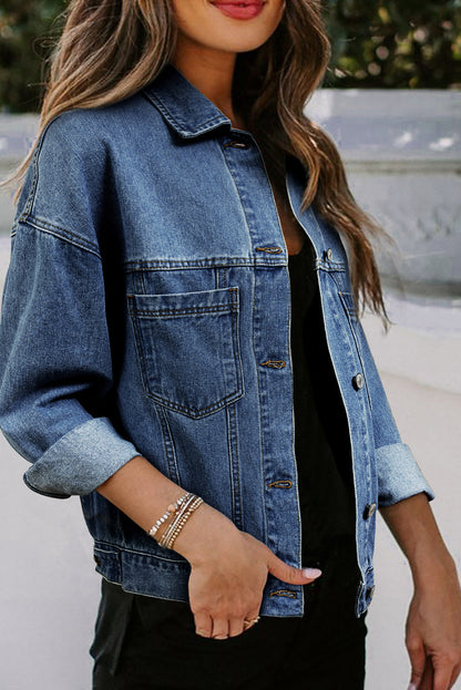 Dark Blue Washed Oversize Pocketed Denim Jacket