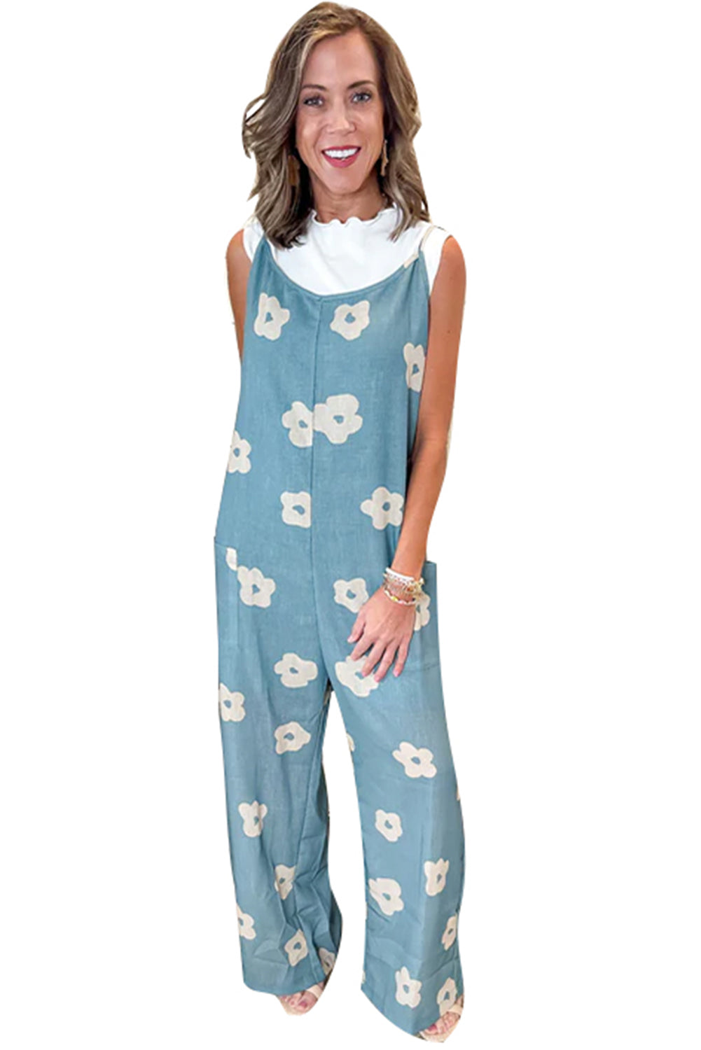 Blue Flower Wide Leg Loose Jumpsuit