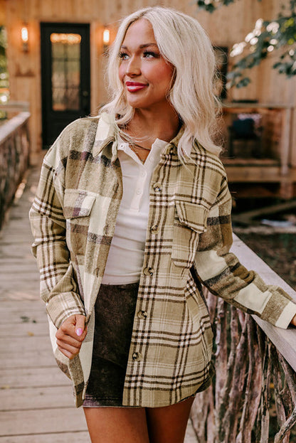 Parchment Contrast Plaid Patchwork Flap Pocket Shacket