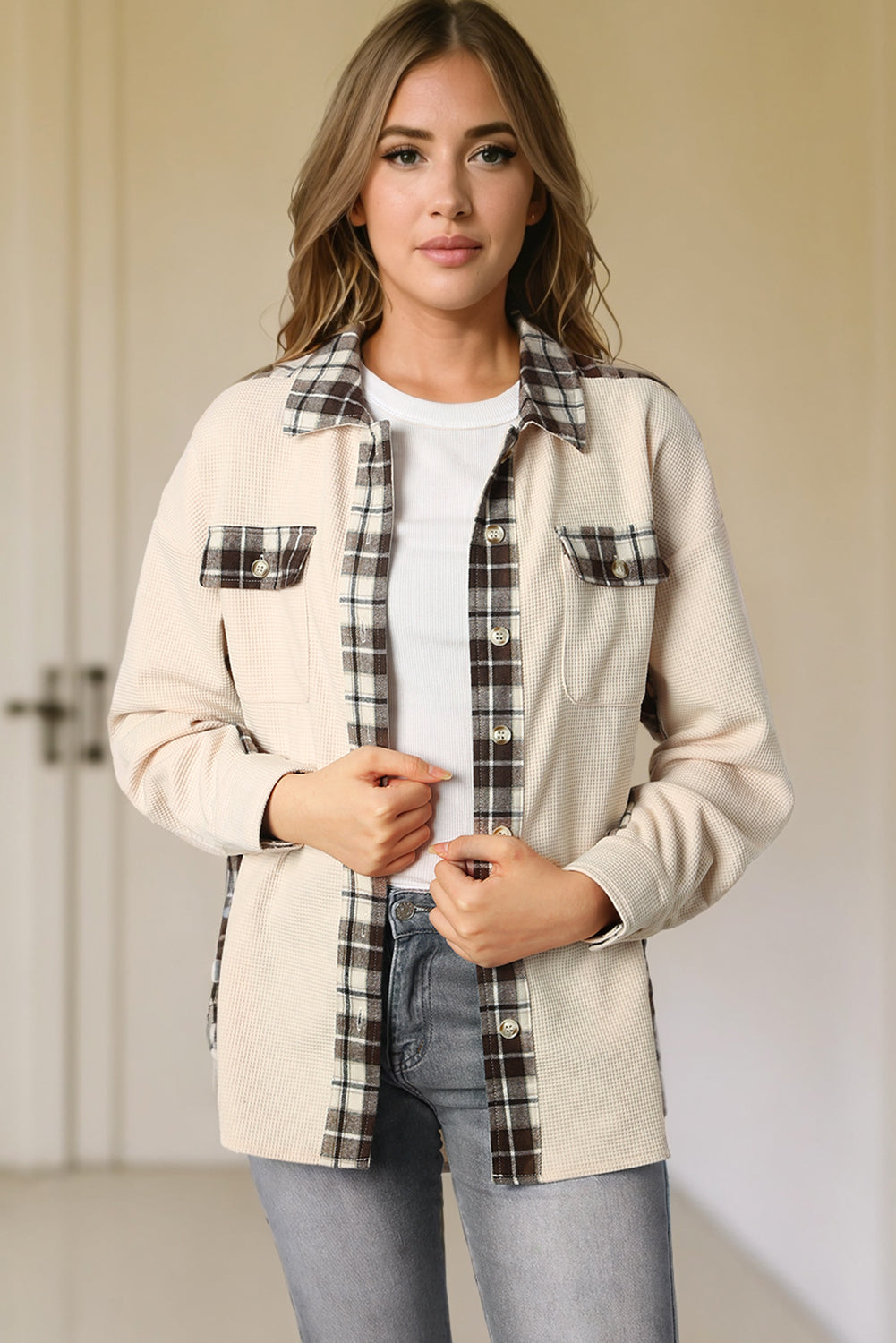 Apricot Plaid Patchwork Waffle Thermal Knit Shacket