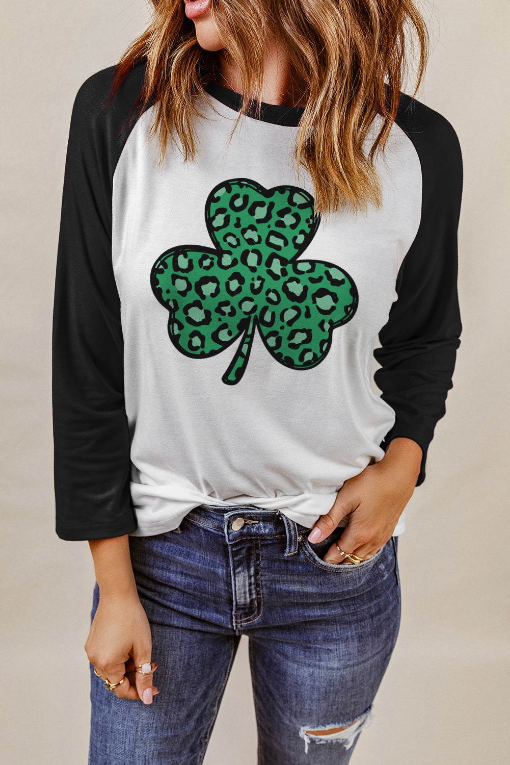 Black Leopard Spotted Clover St Patrick Graphic Long Sleeve Tee