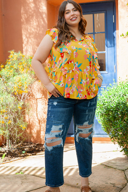 Yellow Plus Size Ruffle Trim Tie Neck Floral Peplum Tank Top