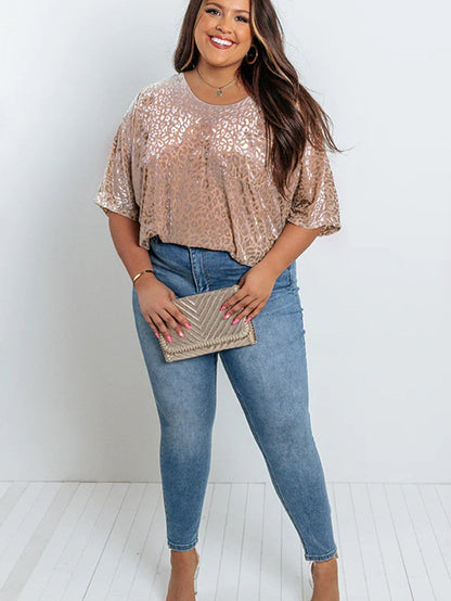 Plus Size Khaki Leopard Print V-Neck T-shirt